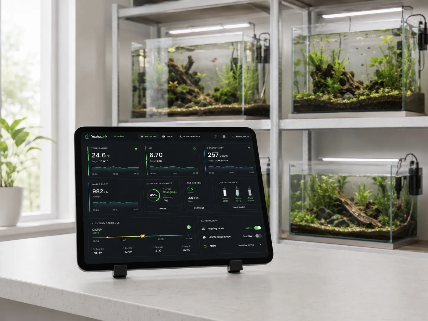 YuzhaLink Console dashboard showing live aquarium monitoring data