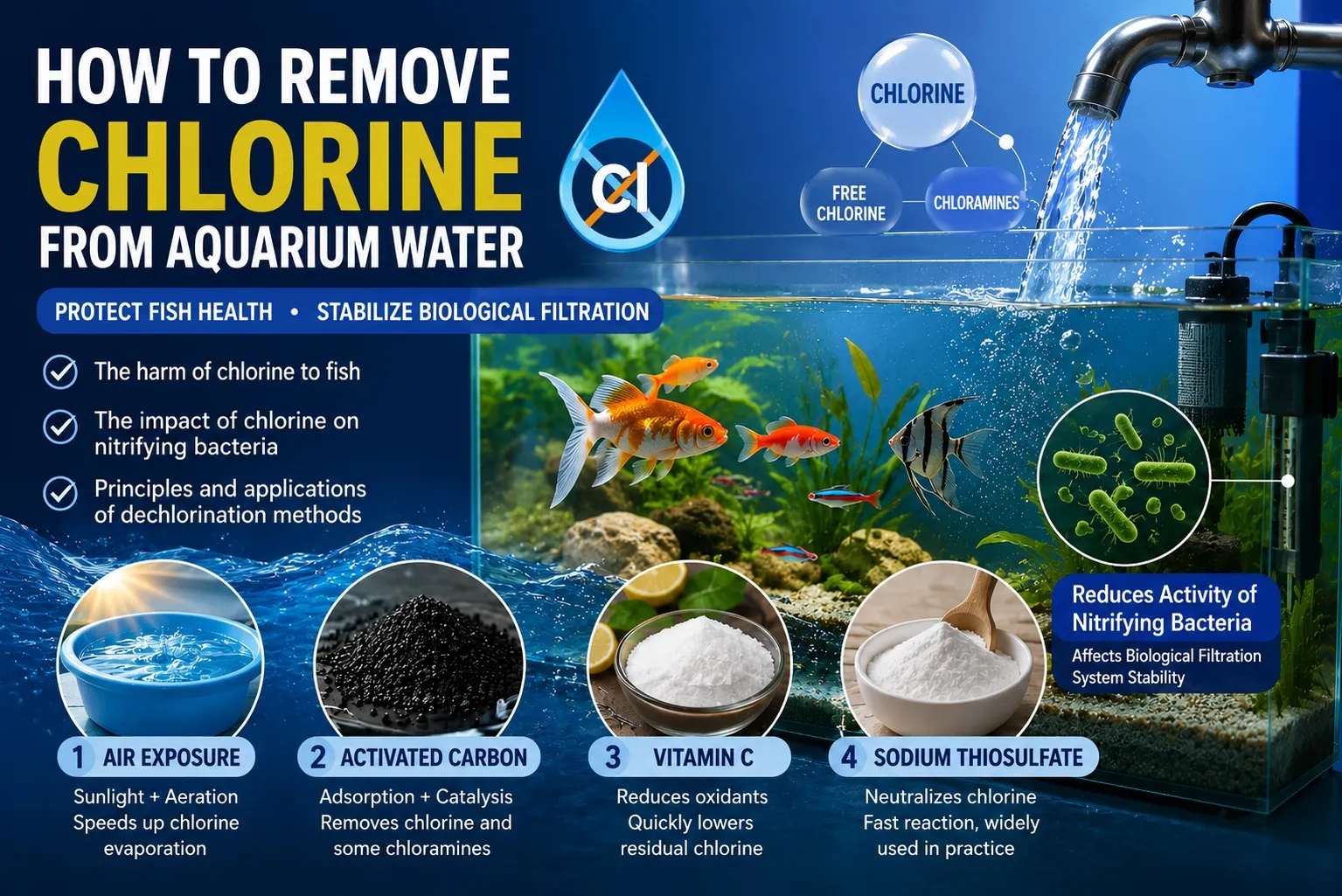 Infographic titled "How to remove chlorine from aquarium water": a tap running into a planted aquarium, callouts for free chlorine and chloramines and for reduced nitrifying-bacteria activity, and four numbered dechlorination methods — air exposure with sunlight and aeration, activated carbon, vitamin C, and sodium thiosulfate.