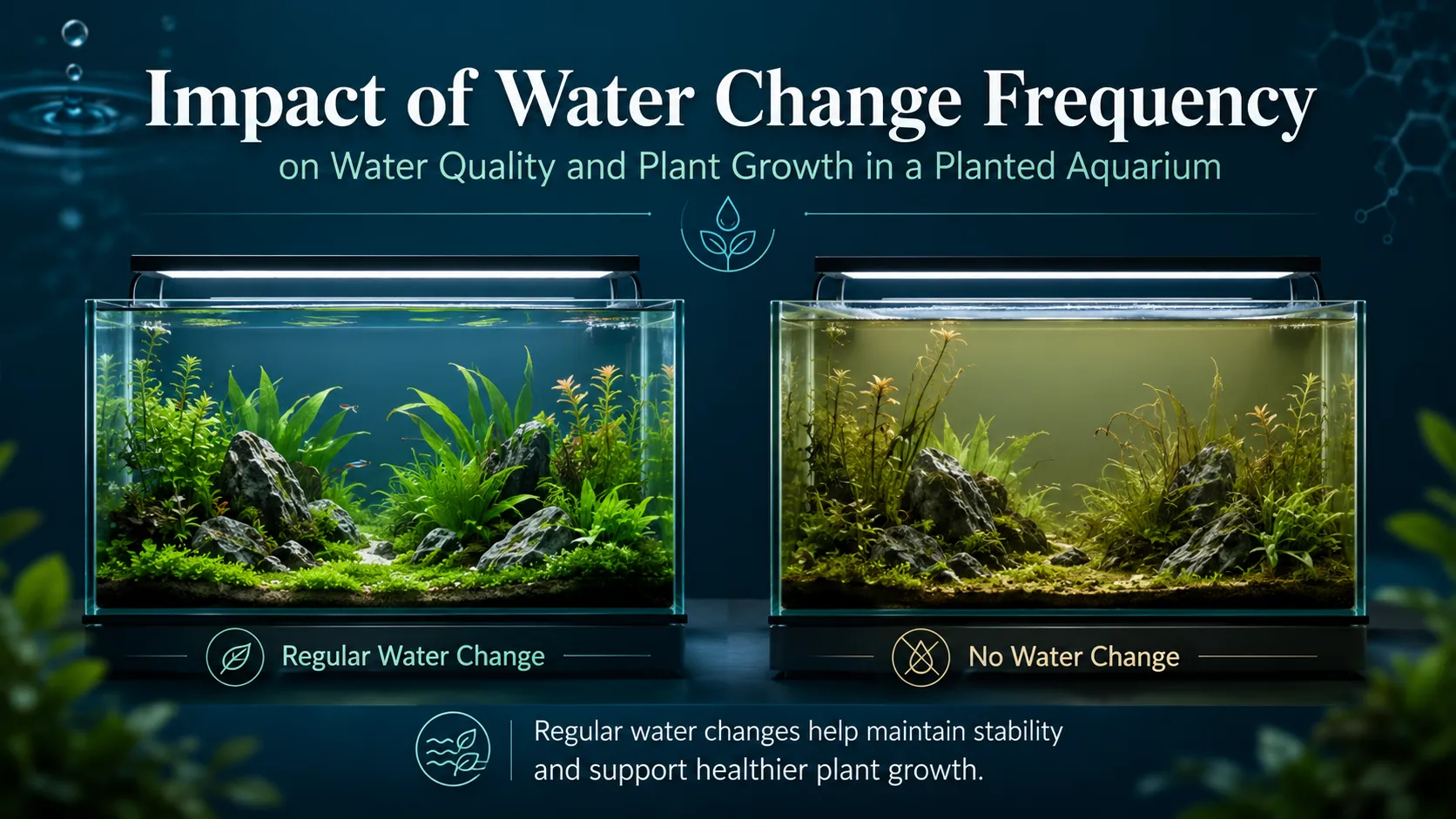 Title illustration: two planted aquariums side by side, labelled Regular Water Change and No Water Change, the second shown with visibly yellowed water.