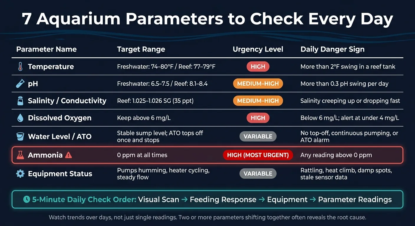 7 Daily Aquarium Parameters: Urgency, Target Ranges & Danger Signs