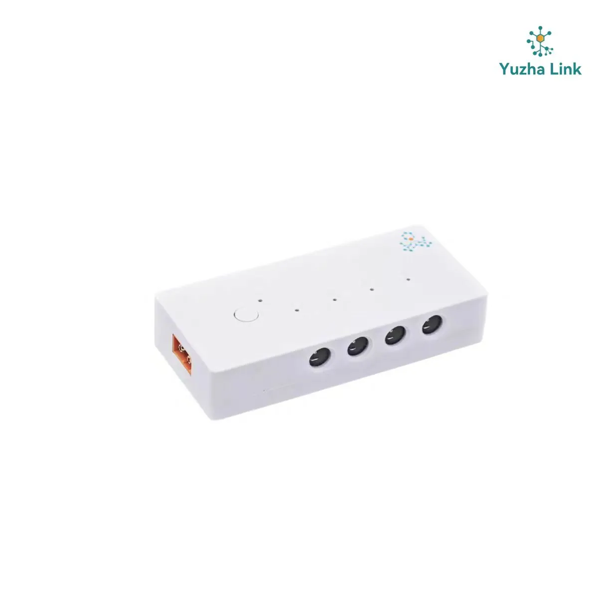The white V-Link 4 DC power controller viewed at an angle from above, with four DC 5.5 x 2.1 mm output jacks along the front edge and the orange XT60 input connector at the left end