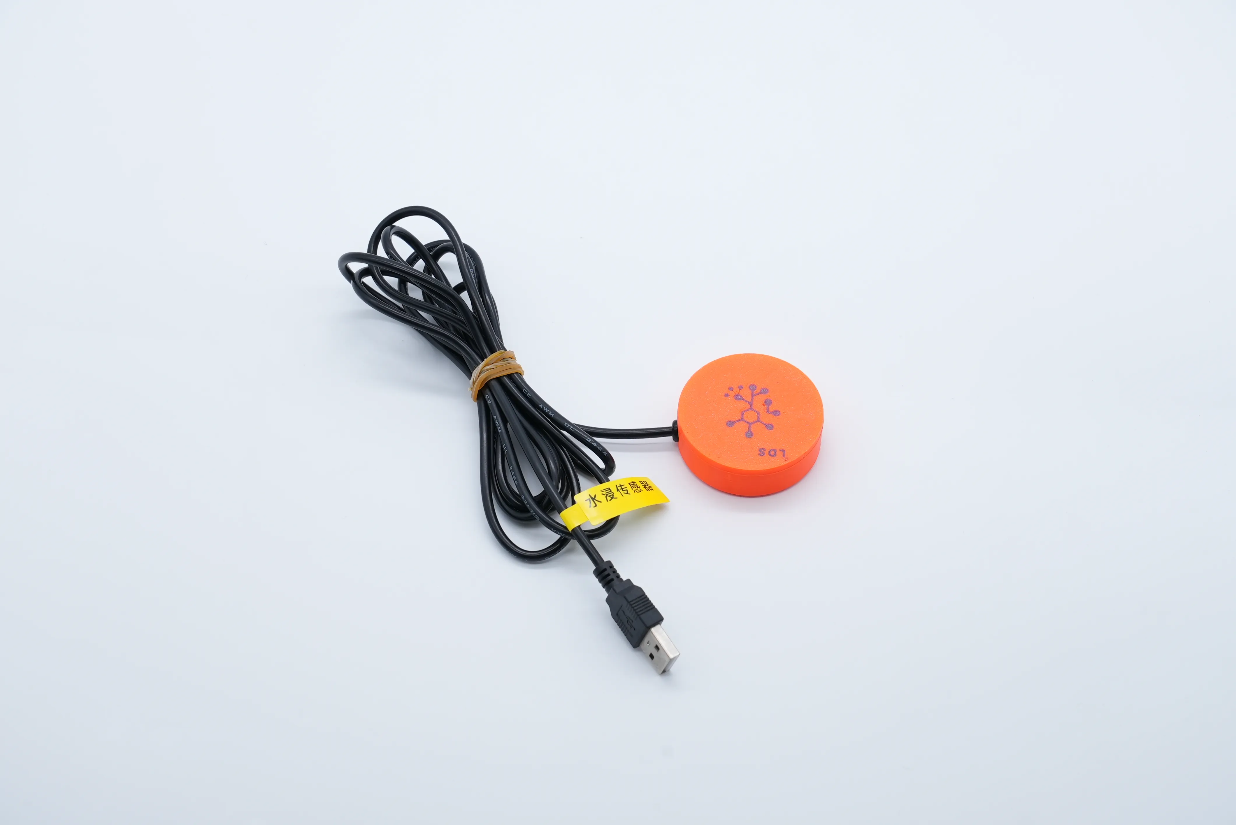 YuzhaLink Wi-Fi water leak sensor: a round orange sensor puck with its coiled USB power lead, on a white background.